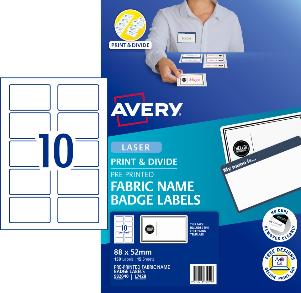 Avery Fabric Print & Divide Badges Labels For Laser Printers 88 X 52mm 150 Labels (982040 / L7428)