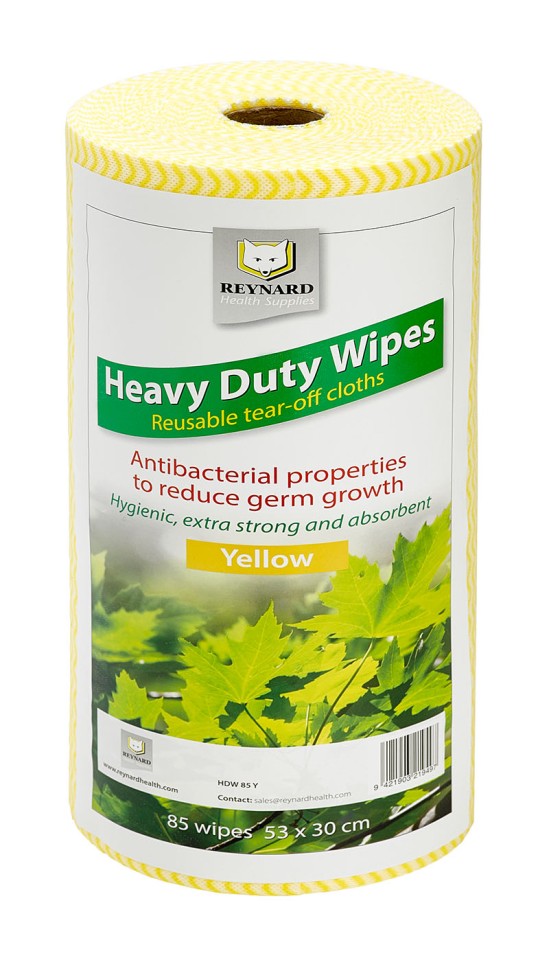 Reynard Heavy Duty Antibacterial Wipes Yellow 85 wipes per roll