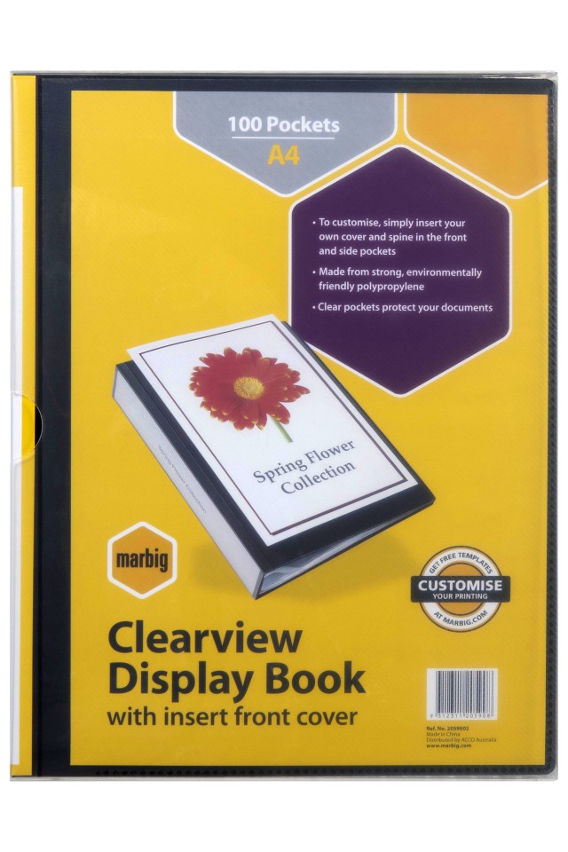 Marbig Clearview Display Book Non Refillable Insert Cover 100 Pocket A4 Clear Black