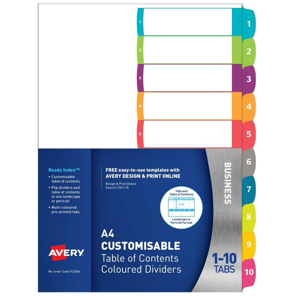 Avery Customisable Contents Dividers 1-10 Tabs Landscape/Portrait ReadyIndex (922004 / L7411-10)