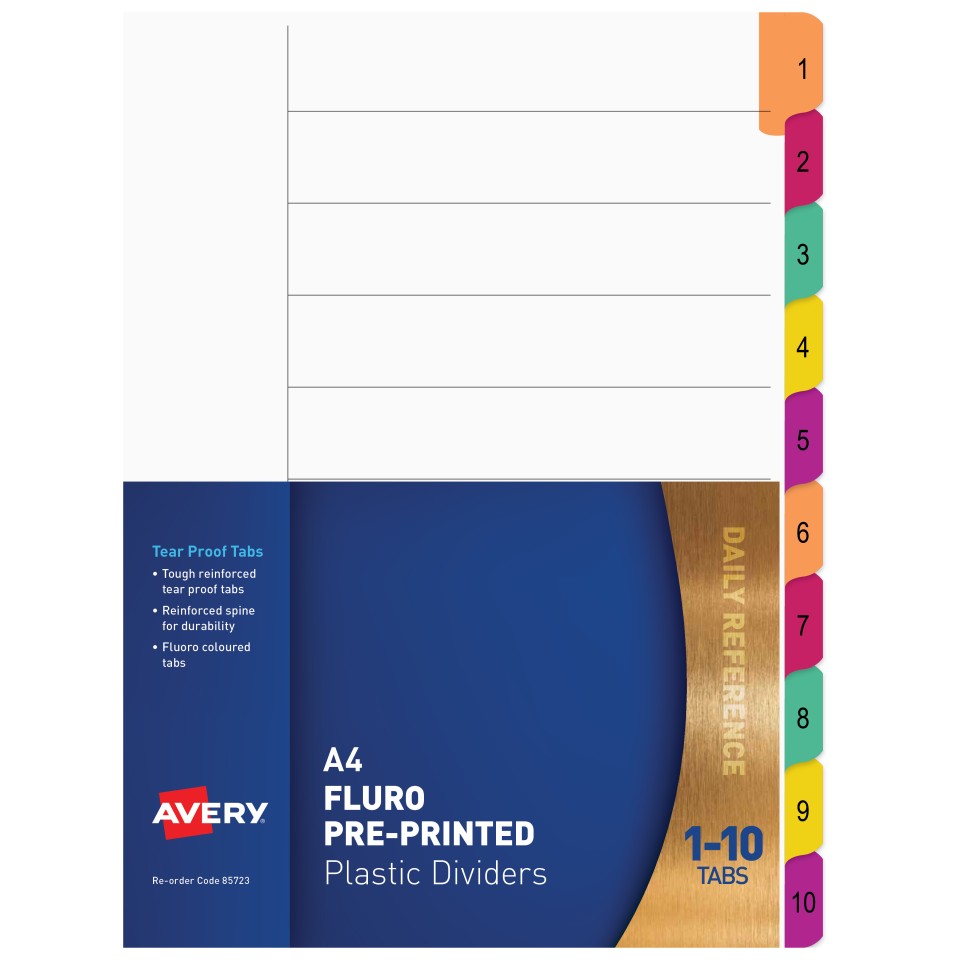 Avery Preprinted Dividers A4 1-10 Tabs Fluoro Multi Coloured
