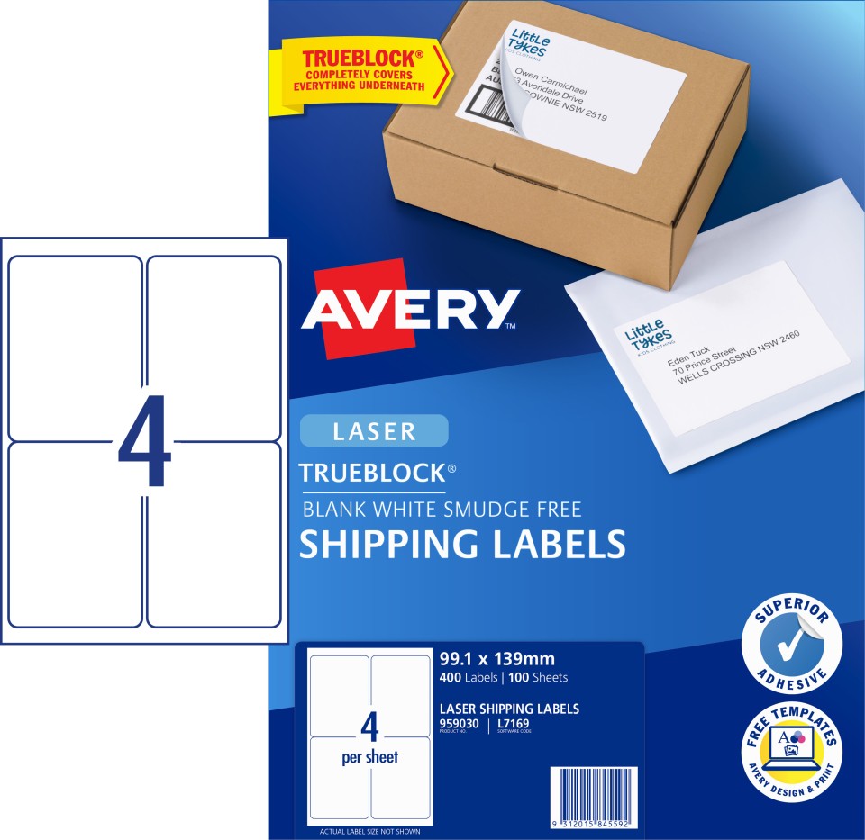 Avery Shipping Labels Trueblock Laser Printer 959030/L7169 99.1x139mm White Pack 400 Labels