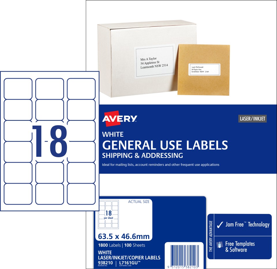 Avery General Use Labels 938210/L7161GU 63.5x46.6mm 18 Per Sheet White Pack 1800 Labels