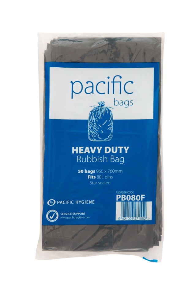 Pacific Hygiene Heavy Duty Rubbish Bag LDPE Black 760mm x 960mm 80 Litre 26 micron Pack of 50