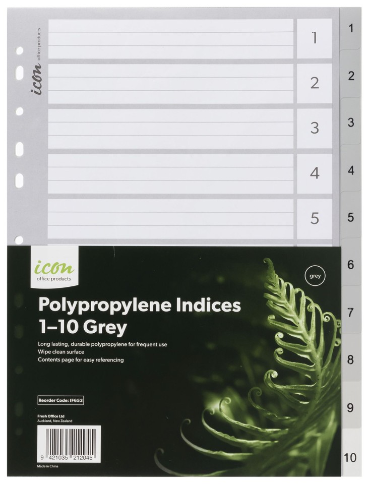 Icon Indices Polypropylene Tabs 1-10 A4 Grey