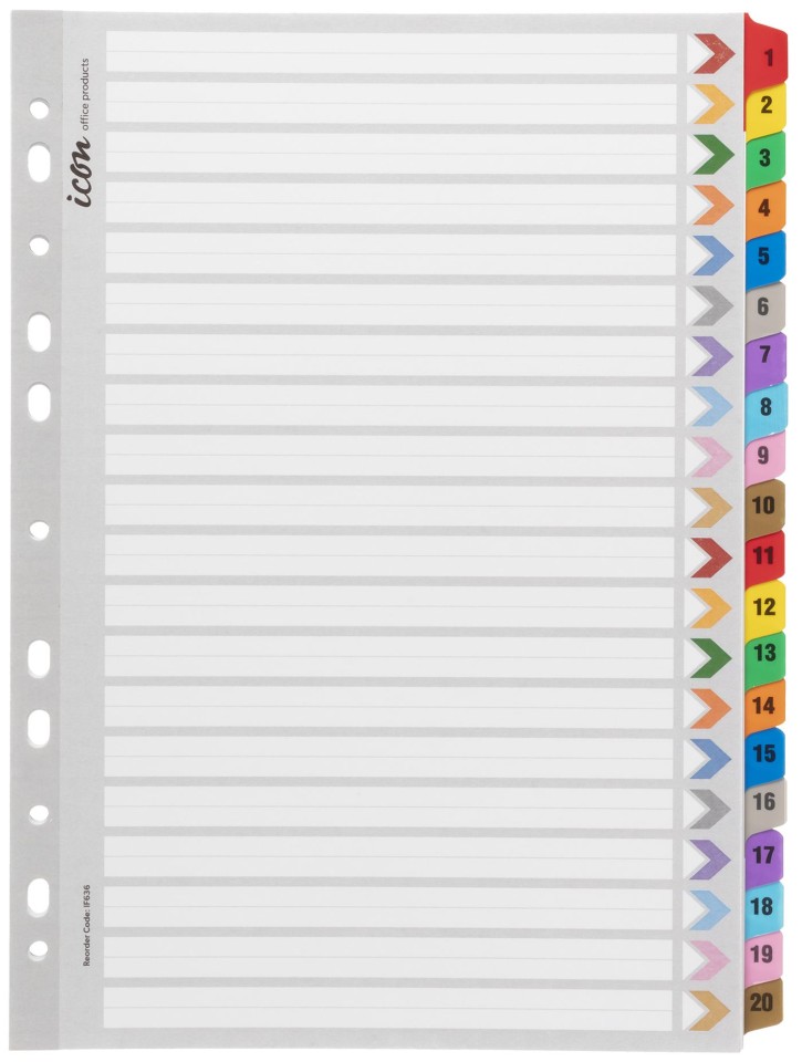 Icon Indices Cardboard Reinforced Tabs 1-20 A4 White with Assorted Tabs