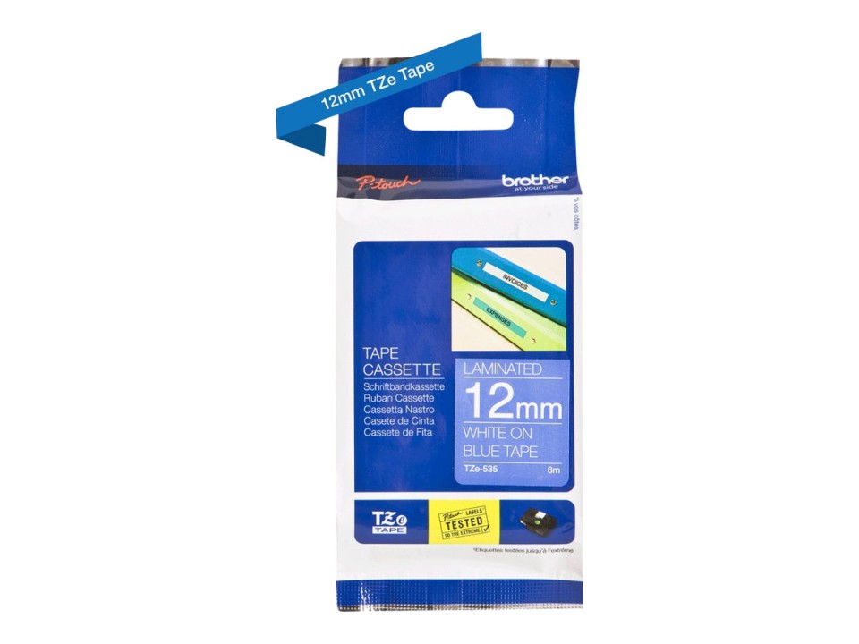Brother TZe-535 P-Touch Laminated Labelling Tape White On Blue 12mmx8m