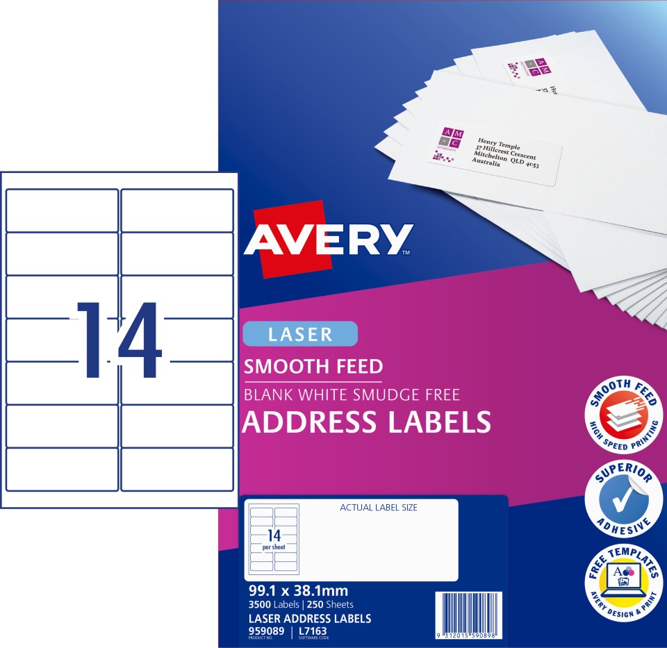 Avery Address Labels Smooth Feed Laser Printers, 99.1 x 38.1 mm, 3500 Labels (959089 / L7163)