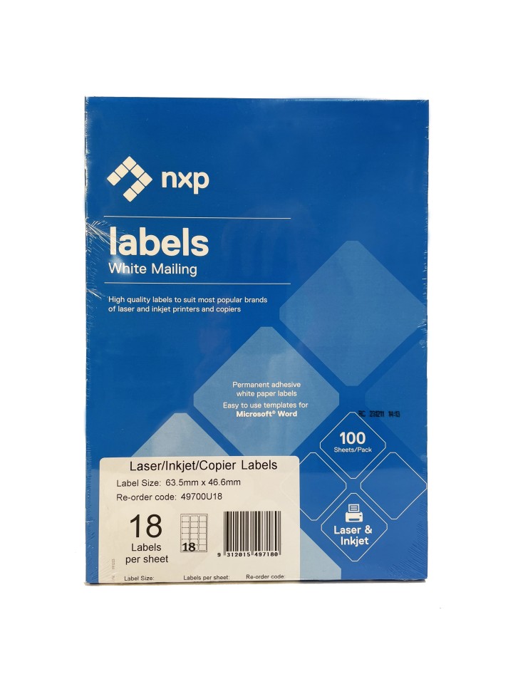 NXP Multi-purpose Labels Laser Inkjet 63.5x46.6mm 18 Per Sheet 1800 Labels