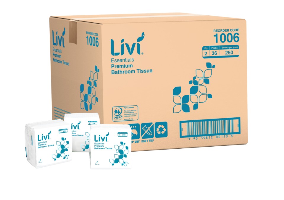 Livi Essentials 1006 Premium Interleaved Toilet Tissue 2 Ply 250 Sheets per pack White Carton of 36