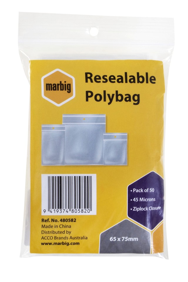 Marbig Resealable Polybag Ziplock Closure 65x75mm 45 Microns Pack 25