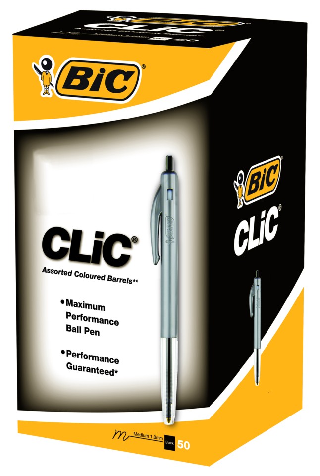 BIC Clic Medium Ballpoint Pen Retractable 1.0mm Black Box 50