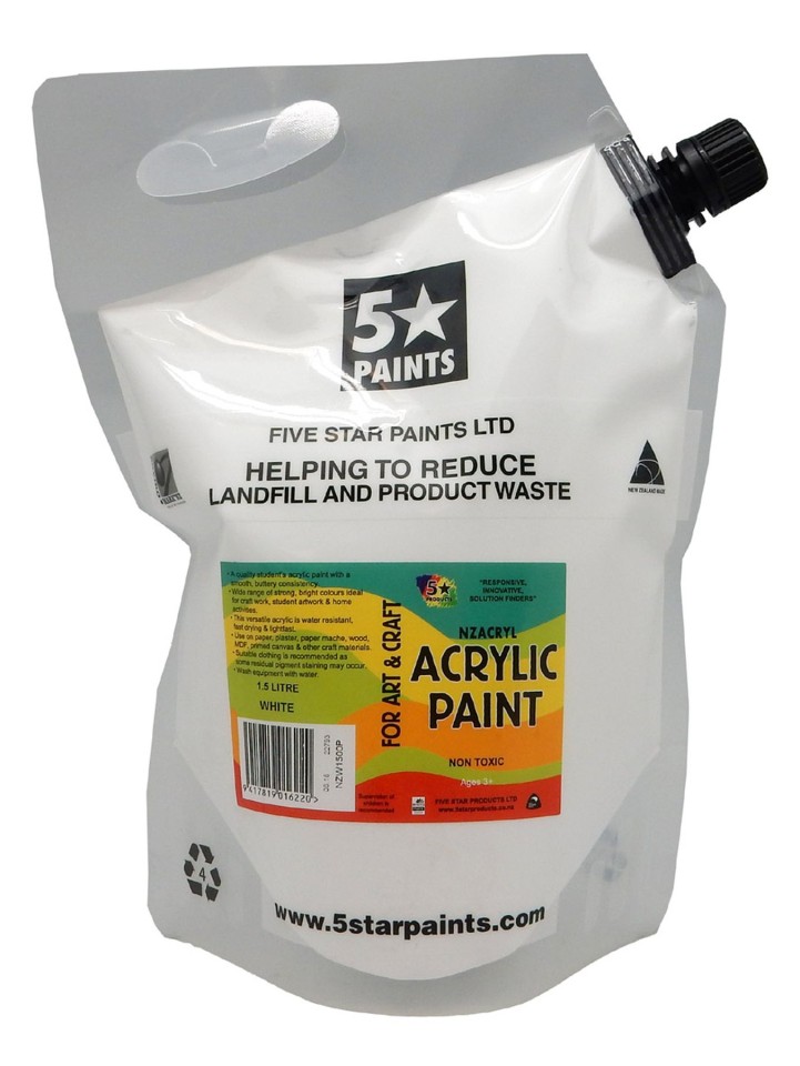 5 Star NZACRYL Acrylic Paint 1.5 Litre Pouch White