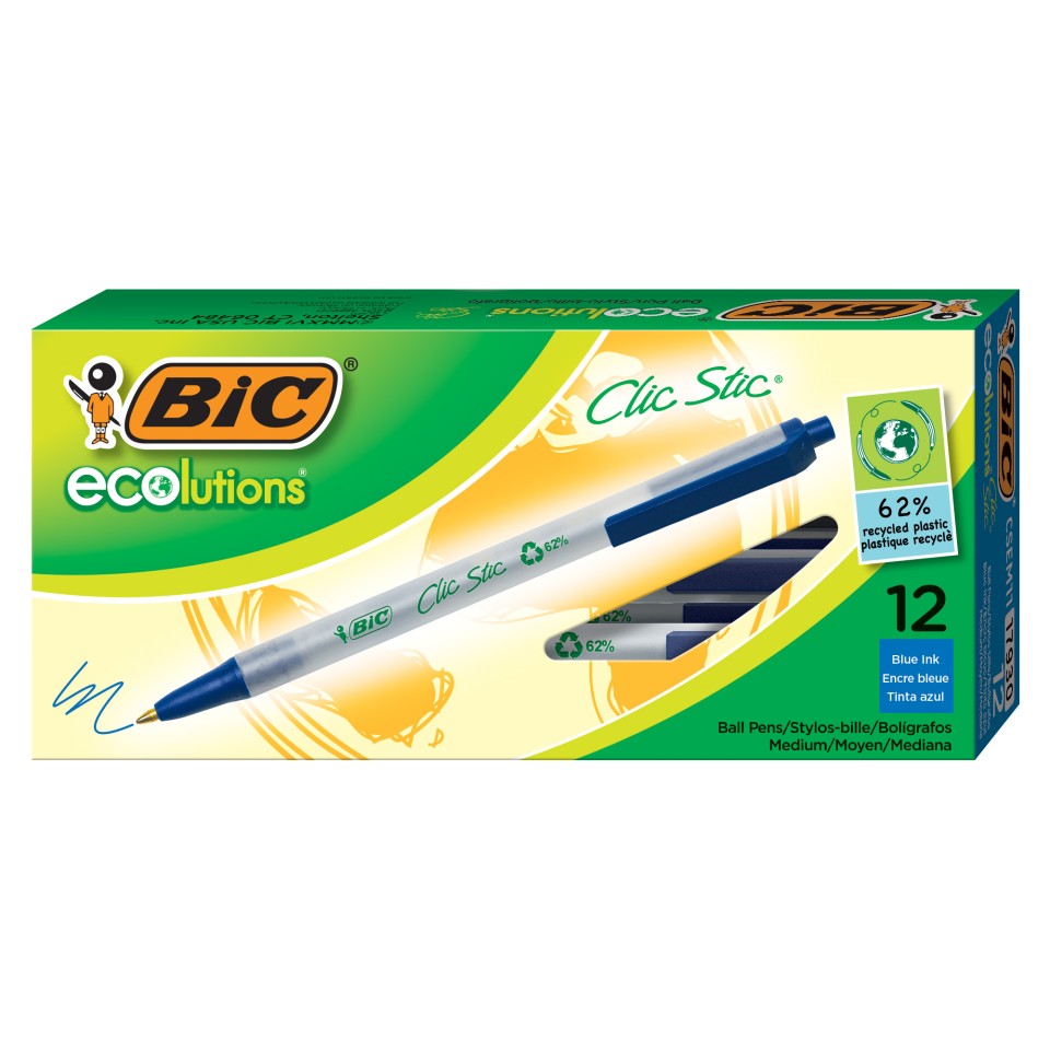 BIC Ecolutions Clic Stic Ballpoint Pen Retractable Medium 1.0mm Blue Box 12