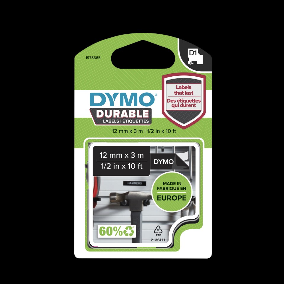 Dymo D1 Durable Label Printer Tape White On Black 12mmx3m