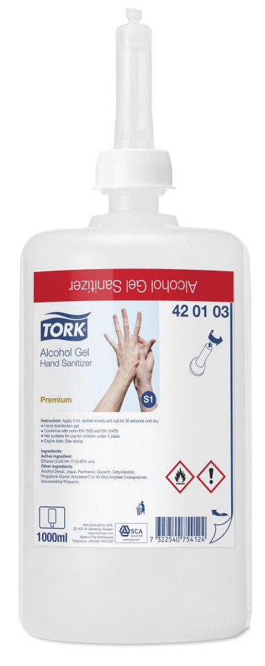 Tork 420123 S1 Premium Hand Sanitiser 80% Alcohol Gel 1000ml Cartridges  Carton Of 6