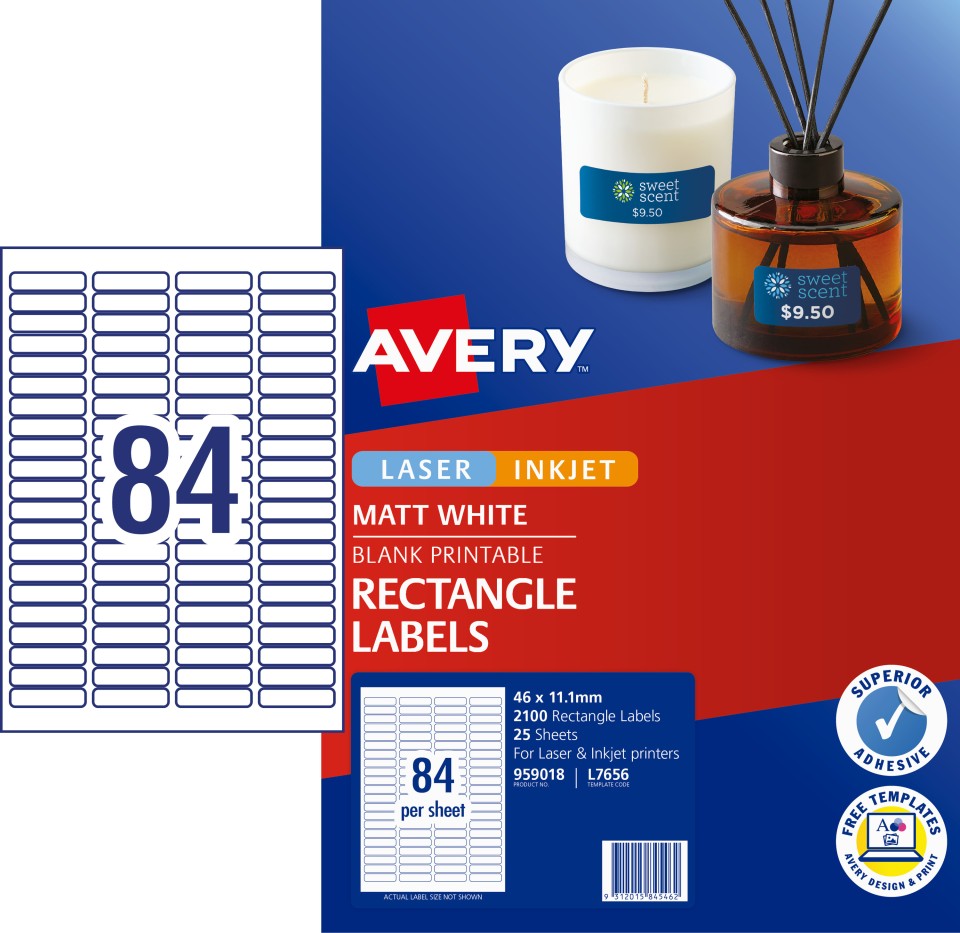 Avery Permanent Labels Laser Inket Printer 959018/L7656 46x11.11mm 84 Up Sheet White Pack 2100 Label