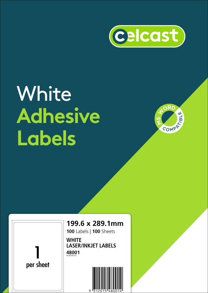 Celcast Labels 48001 199.6x289mm 1 Per Sheet Pack 100 Labels