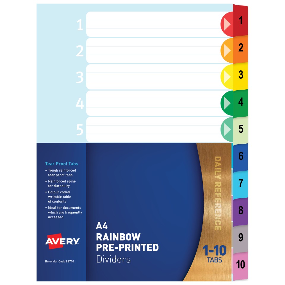 Avery Indices Printed Numbers 1-10 A4 Coloured