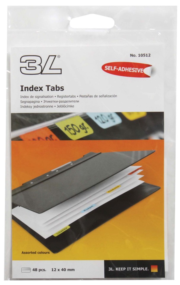 3L Index Tabs 40mm Assorted Colours Pack 48