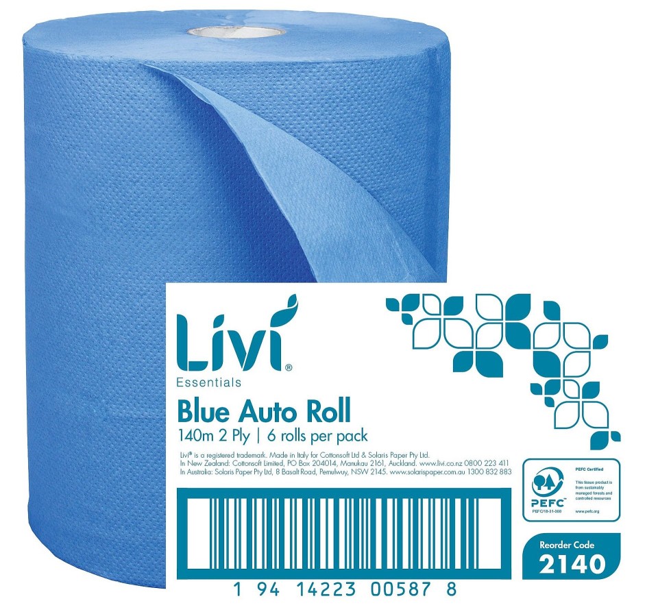 Livi Essentials 2140 Auto Cut Towel 2 Ply 140 metres per roll Blue Case of 6