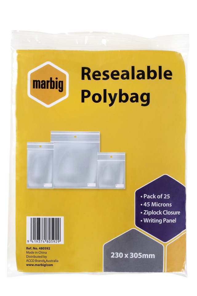 Marbig Resealable Polybag Writing Panel Ziplock Closure 230x305mm 45 Microns Pack 25