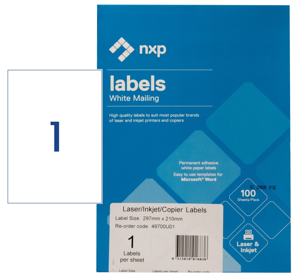 NXP Multi-Purpose Labels Laser Inkjet 210x297mm 1 Per Sheet 100 Labels