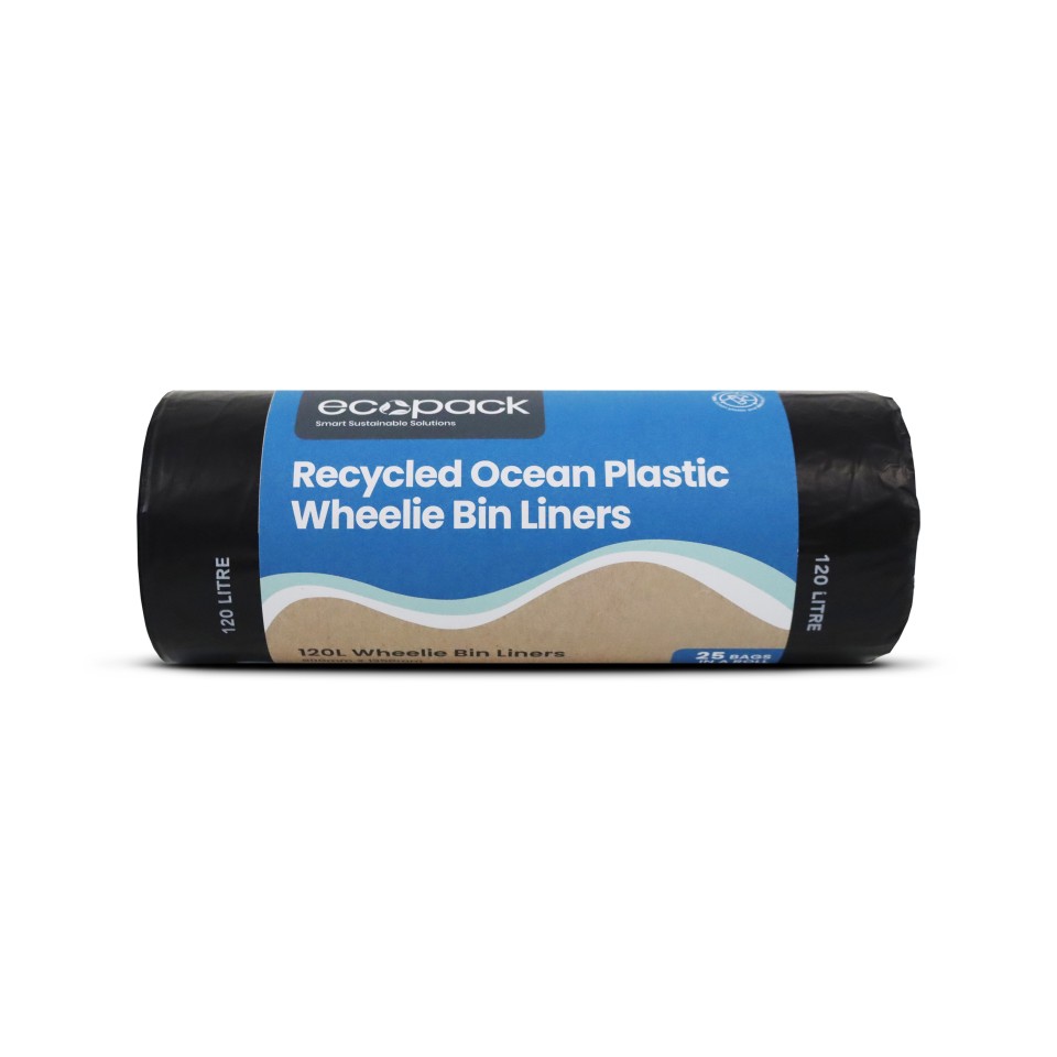  Ecopack 120L Ocean-Bound Recycled Plastic Wheelie Bin Liners 900 X 1350 (Black) X 25 Bags