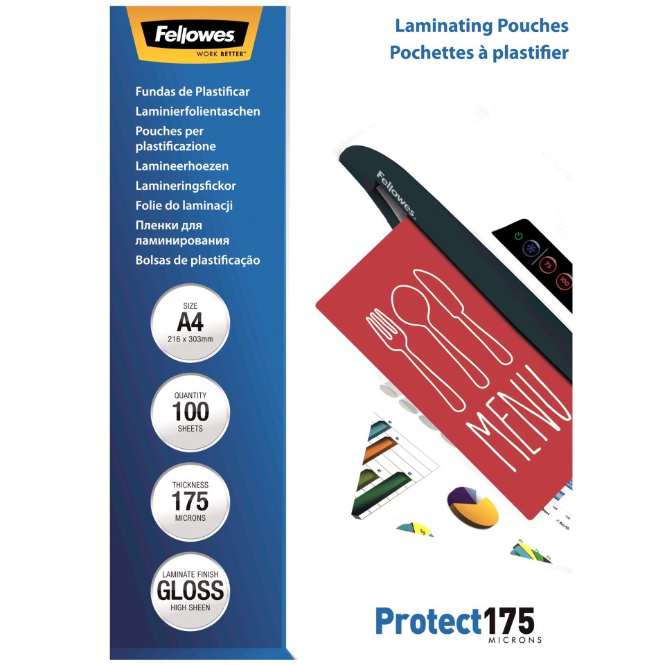 Fellowes Laminating Pouches Gloss A4 175 Micron Pack 100