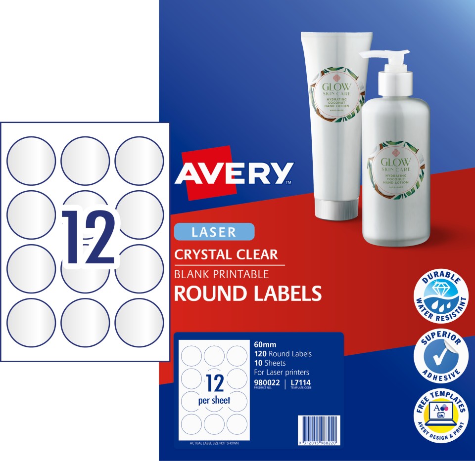 Avery Round Labels Crystal Clear Laser Printers 60mm Diameter 12 Per Sheet 120 Labels 980022 / L7093