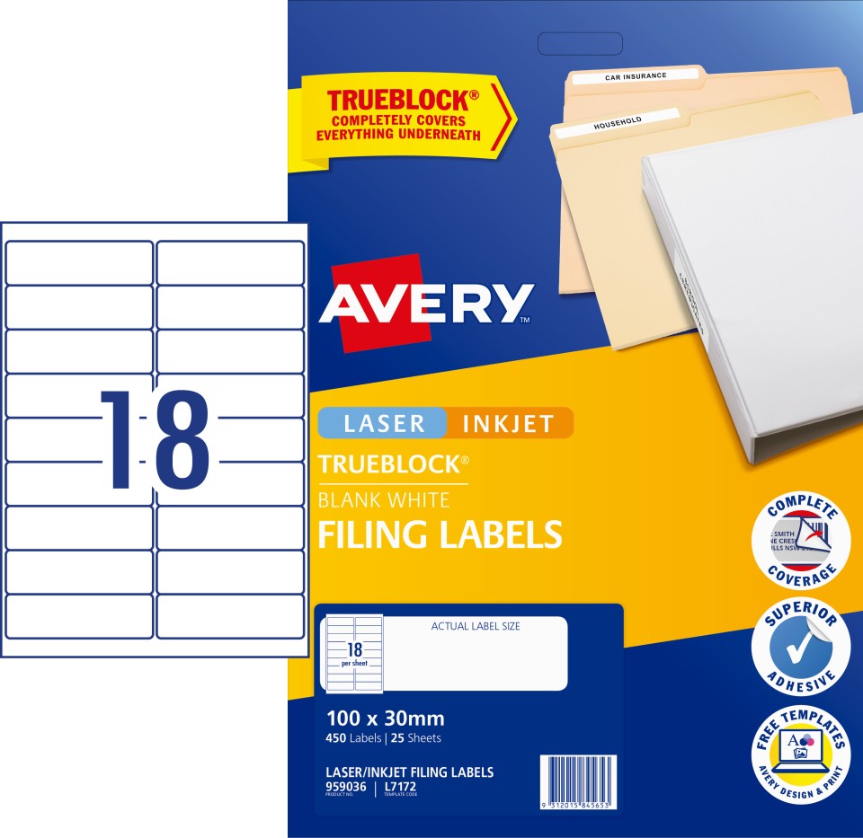 Avery Filing Labels for Laser, Inkjet Printers, 100 x 30 mm, 450 Labels (959036 / L7172)