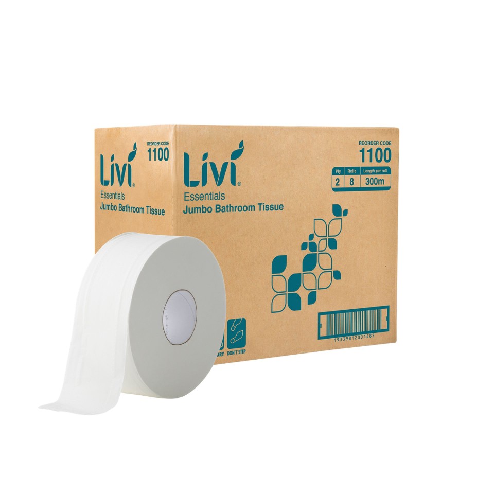 Livi Essentials 1100 Jumbo Roll Toilet Tissue 2 Ply 300 metres per roll White Carton of 8
