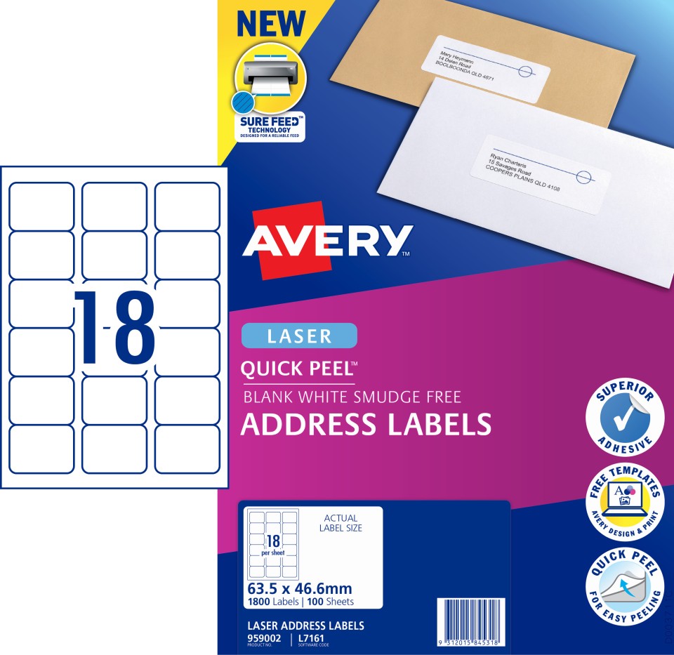 Avery Address Labels Sure Feed Laser Printer 959002/L7161 63.5x46.6mm 18 Per Sheet Pack 1800 Labels