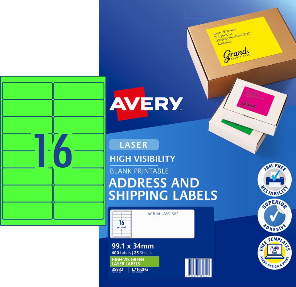 Avery Shipping Labels Laser Printer High Vis 35932/L7162FG 99.1x34mm Fluoro Green Pack 400 Labels