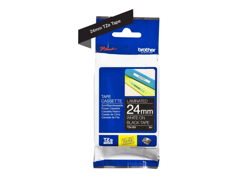 Brother TZe-355 P-Touch Laminated Labelling Tape White On Black 24mmx8m