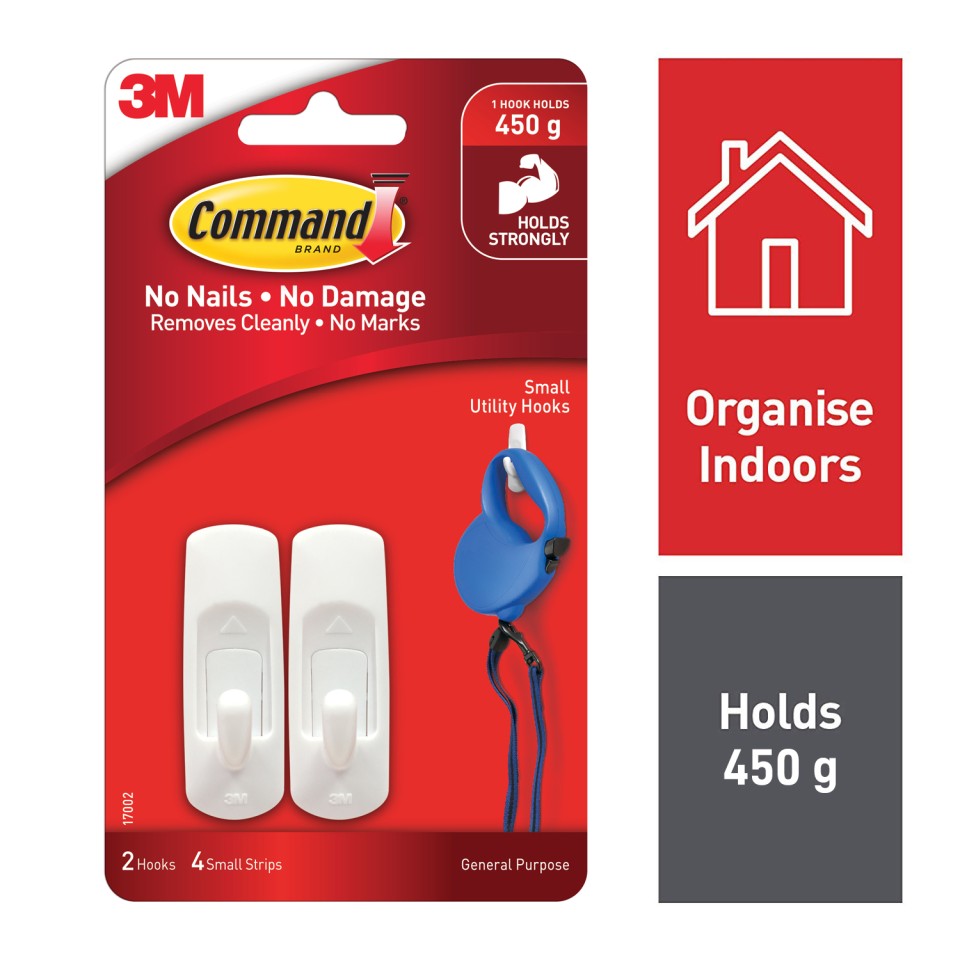 Command Small Utility Hook, Pack of 6 Hooks and 12 Adhesive Strips, White -  Damage Free Hanging - Holds up to 450g