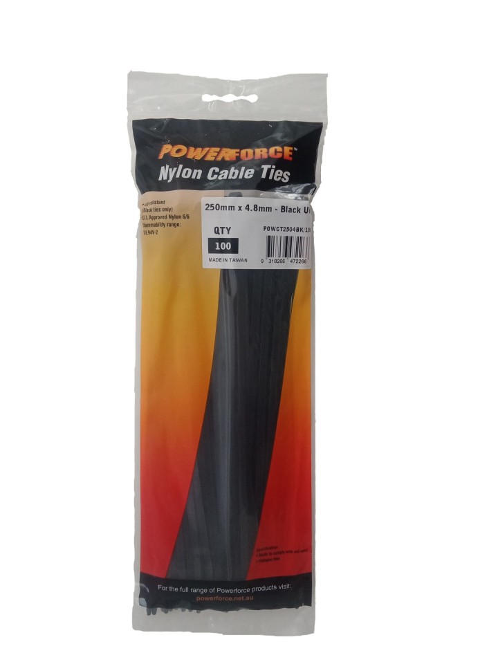  Powerforce Cable Tie Black 250mm x 4.8mm Nylon Uv 100pk
