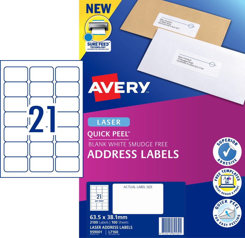 Avery Address Labels Sure Feed Laser Printer 959001/L7160 63.5x38.1mm 21 Per Sheet Pack 2100 Labels