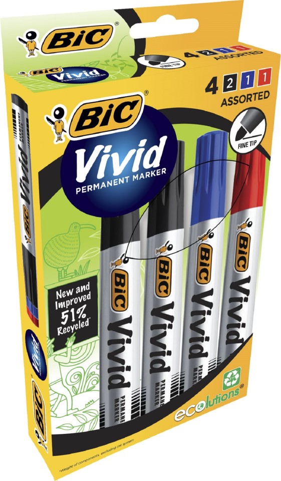 BIC Eco Vivid Permanent Marker Bullet Tip Assorted Colours Box 4