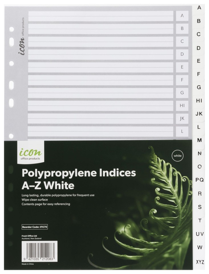 Icon Indices Polypropylene Tabs A-Z A4 White
