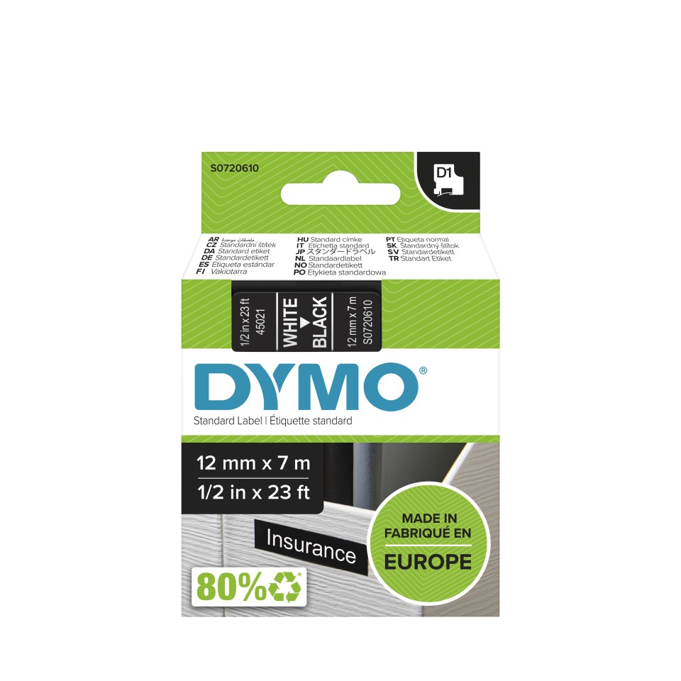 Dymo D1 Labelling Tape 12mmx7m White On Black