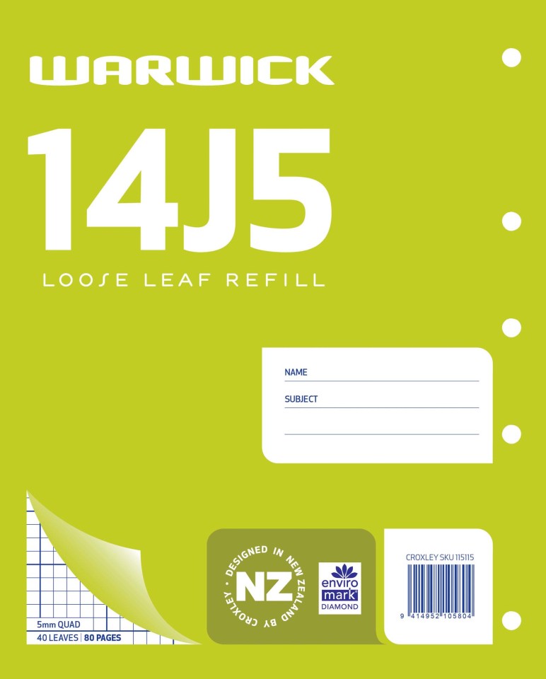 Warwick Refill 14J5 Loose Leaf 40 Leaf 5mm Quad 255x205mm