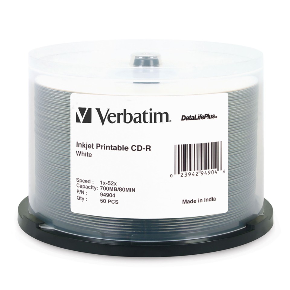 Verbatim DataLifePlus Inkjet Printable CD-R 700 MB 80 Min White Spindle 50Pk
