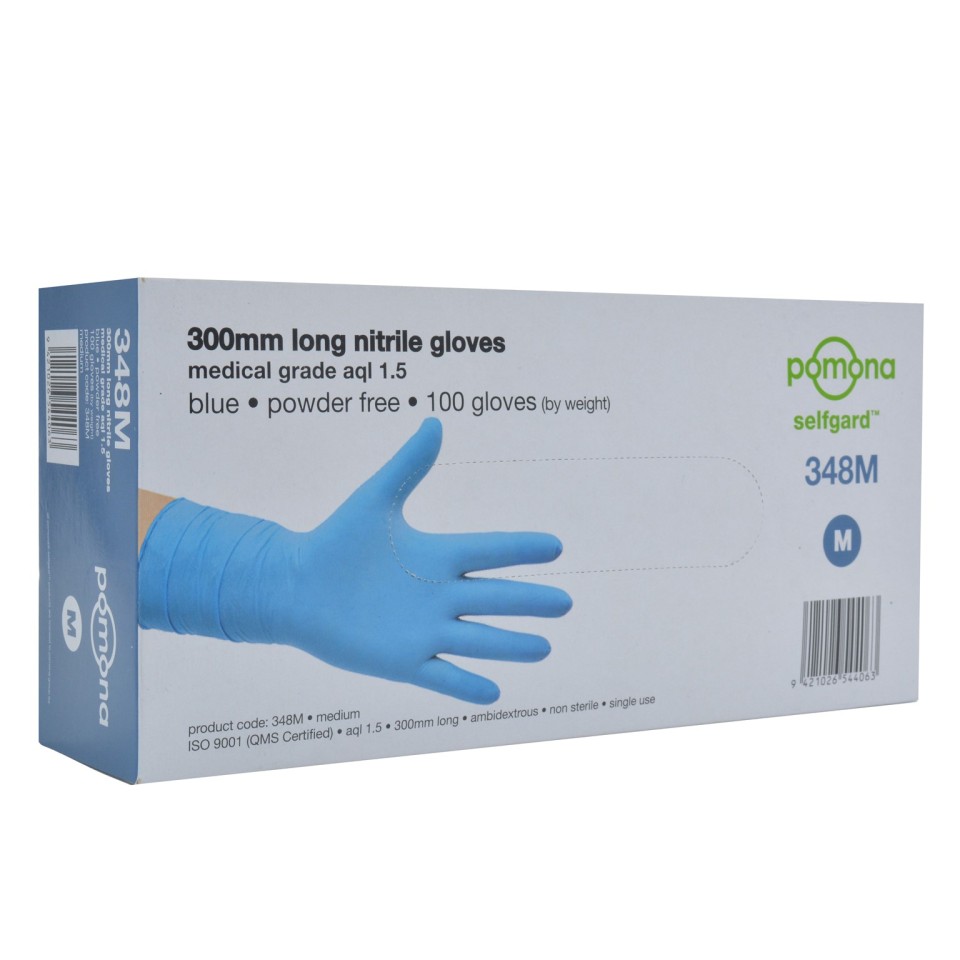 Pomona Gloves Nitrile Long Cuff 300mm Medium Blue Box 100