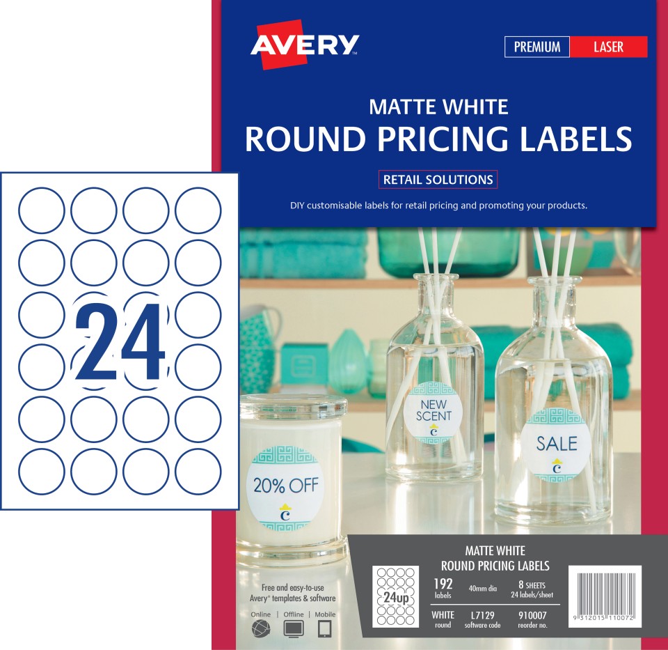 Avery White Round Laser Labels 40mm 24 Labels Per Sheet