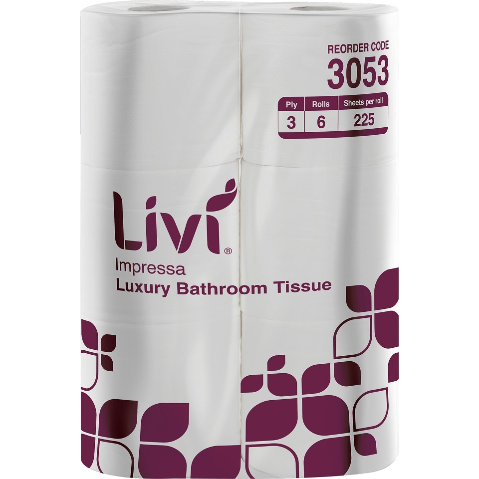 Livi Impressa 3053 Luxury Embossed Toilet Tissue 3 Ply 225 Sheets per roll/Pack of 6 White Case of 8