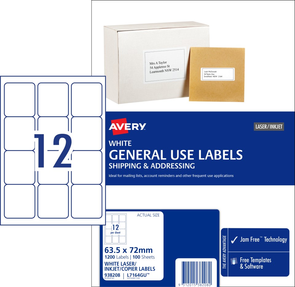 Avery General Use Labels 938208/L7164GU 63.5x72mm 12 Per Sheet White Pack 1200 Labels