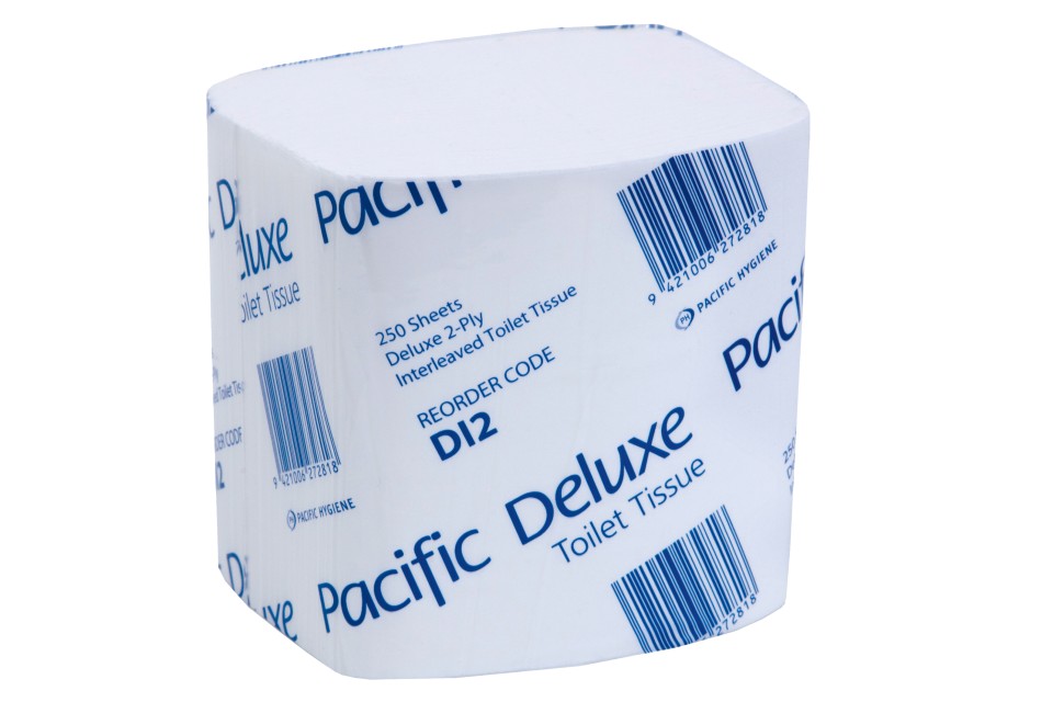 Pacific Deluxe Interleaved 2 Ply Toilet Tissue 250 Sheets/Pkt Ctn 36