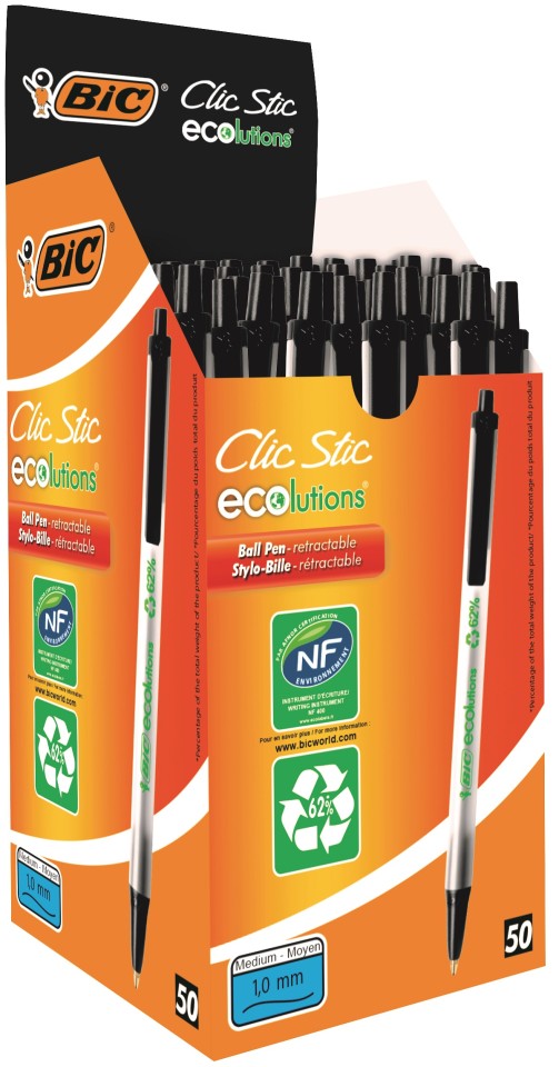 BIC Ecolutions Clic Stic Ballpoint Pen Retractable Medium 1.0mm Black Box 50