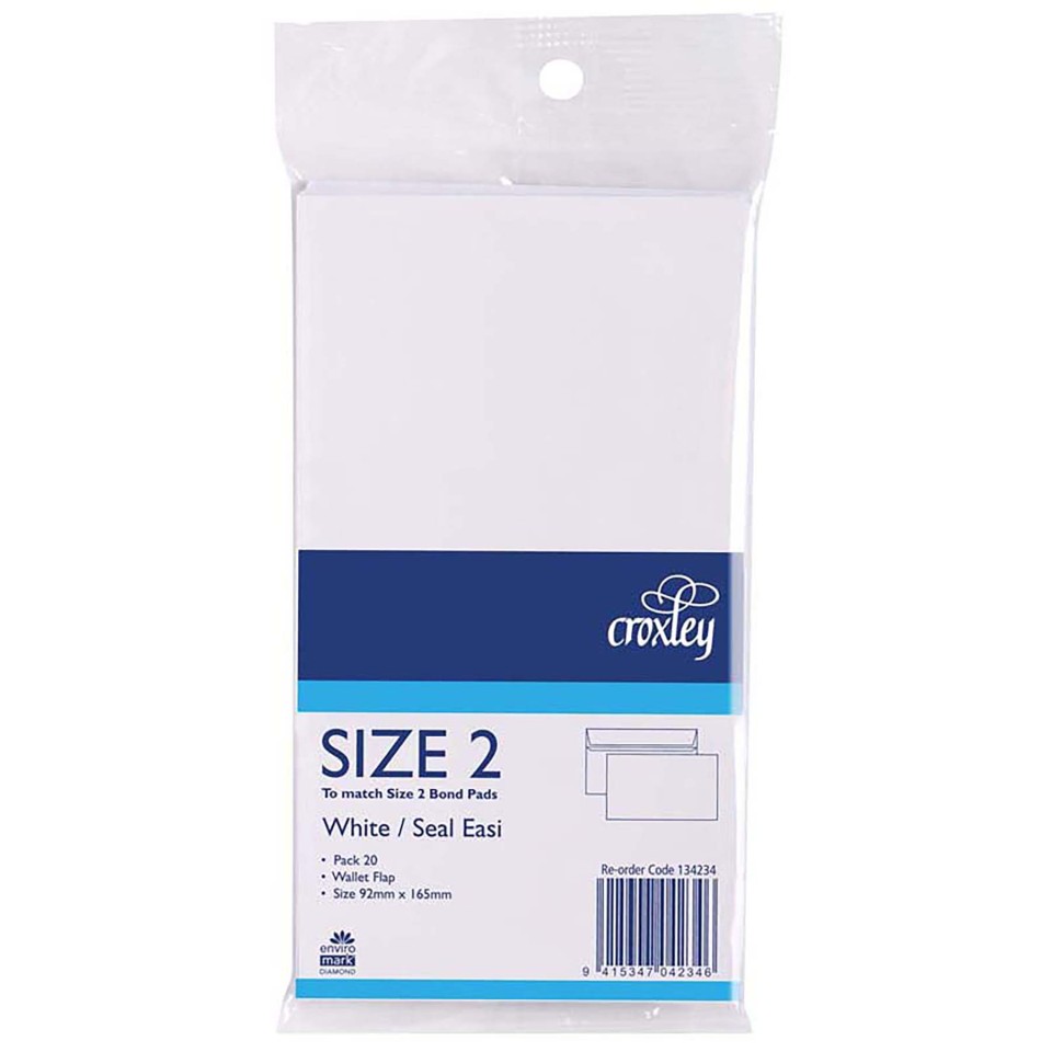 Croxley Envelope Seal Easi Size 2 92mm x 165mm White Pack 20